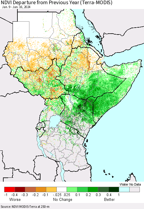 Eastern Africa NDVI Departure from Previous Year (Terra-MODIS) Thematic Map For 1/9/2024 - 1/16/2024