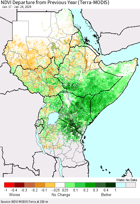 Eastern Africa NDVI Departure from Previous Year (Terra-MODIS) Thematic Map For 1/17/2024 - 1/24/2024
