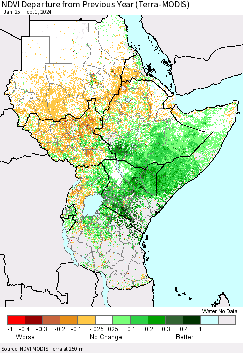 Eastern Africa NDVI Departure from Previous Year (Terra-MODIS) Thematic Map For 1/25/2024 - 2/1/2024