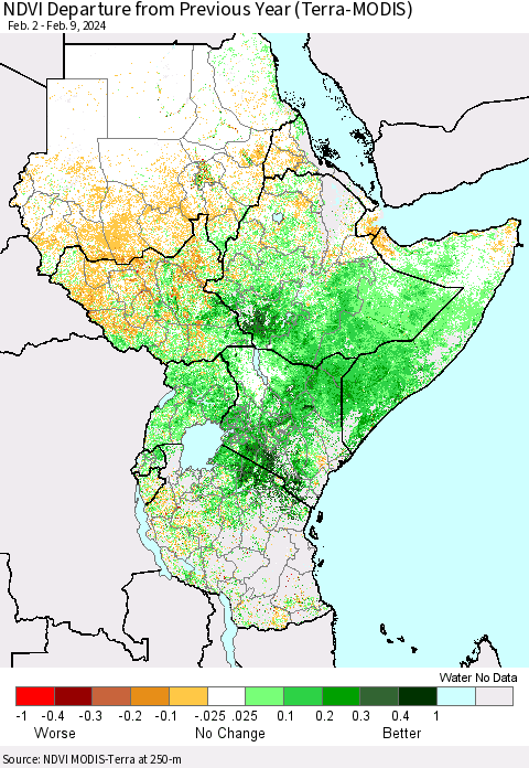 Eastern Africa NDVI Departure from Previous Year (Terra-MODIS) Thematic Map For 2/2/2024 - 2/9/2024