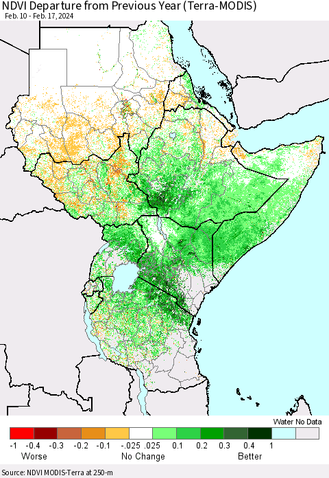 Eastern Africa NDVI Departure from Previous Year (Terra-MODIS) Thematic Map For 2/10/2024 - 2/17/2024