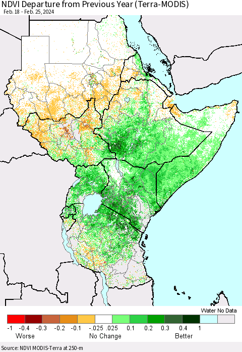 Eastern Africa NDVI Departure from Previous Year (Terra-MODIS) Thematic Map For 2/18/2024 - 2/25/2024