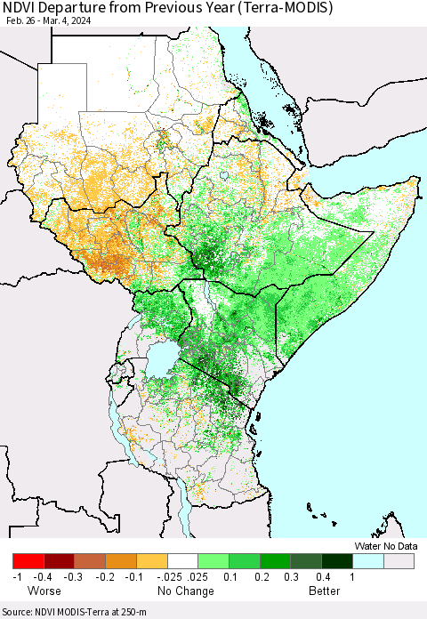 Eastern Africa NDVI Departure from Previous Year (Terra-MODIS) Thematic Map For 2/26/2024 - 3/4/2024