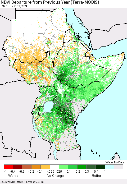 Eastern Africa NDVI Departure from Previous Year (Terra-MODIS) Thematic Map For 3/5/2024 - 3/12/2024