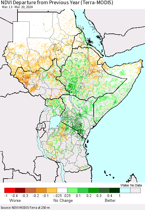 Eastern Africa NDVI Departure from Previous Year (Terra-MODIS) Thematic Map For 3/13/2024 - 3/20/2024