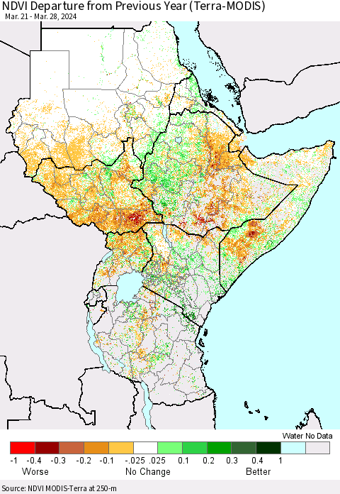 Eastern Africa NDVI Departure from Previous Year (Terra-MODIS) Thematic Map For 3/21/2024 - 3/28/2024