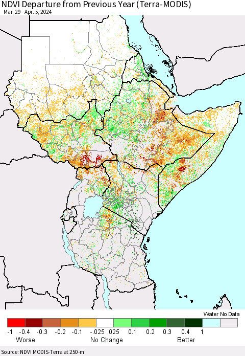 Eastern Africa NDVI Departure from Previous Year (Terra-MODIS) Thematic Map For 3/29/2024 - 4/5/2024