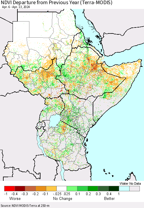 Eastern Africa NDVI Departure from Previous Year (Terra-MODIS) Thematic Map For 4/6/2024 - 4/13/2024