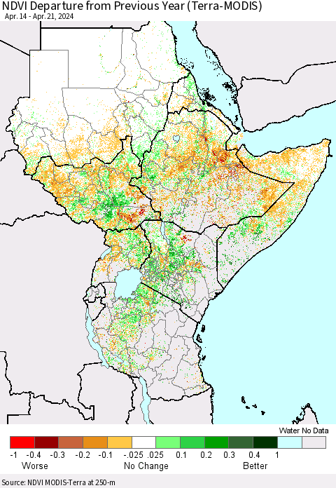 Eastern Africa NDVI Departure from Previous Year (Terra-MODIS) Thematic Map For 4/14/2024 - 4/21/2024