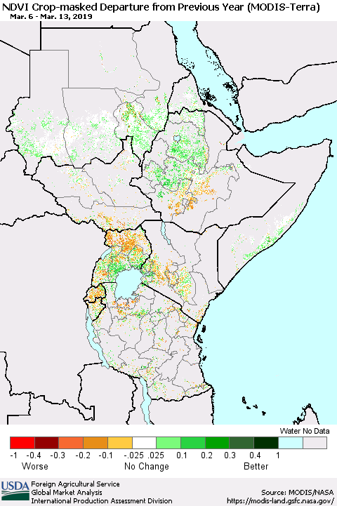 Eastern Africa Cropland NDVI Departure from Previous Year (Terra-MODIS) Thematic Map For 3/11/2019 - 3/20/2019