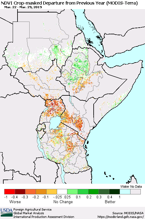 Eastern Africa Cropland NDVI Departure from Previous Year (Terra-MODIS) Thematic Map For 3/21/2019 - 3/31/2019