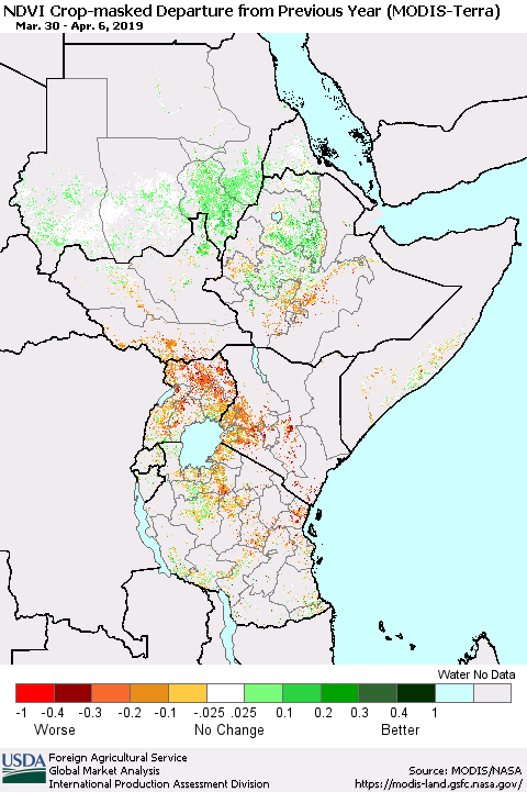 Eastern Africa Cropland NDVI Departure from Previous Year (Terra-MODIS) Thematic Map For 4/1/2019 - 4/10/2019
