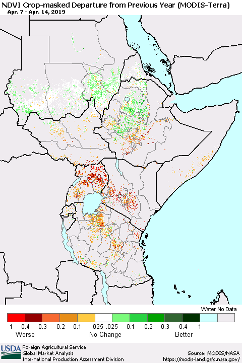Eastern Africa Cropland NDVI Departure from Previous Year (Terra-MODIS) Thematic Map For 4/11/2019 - 4/20/2019