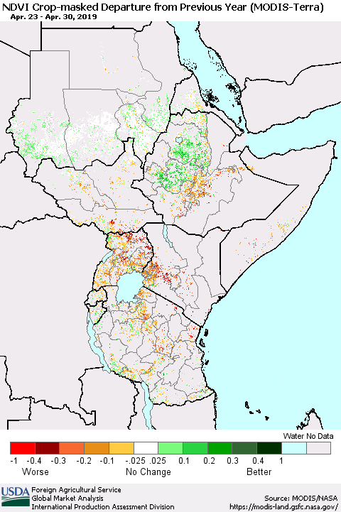 Eastern Africa Cropland NDVI Departure from Previous Year (Terra-MODIS) Thematic Map For 4/21/2019 - 4/30/2019