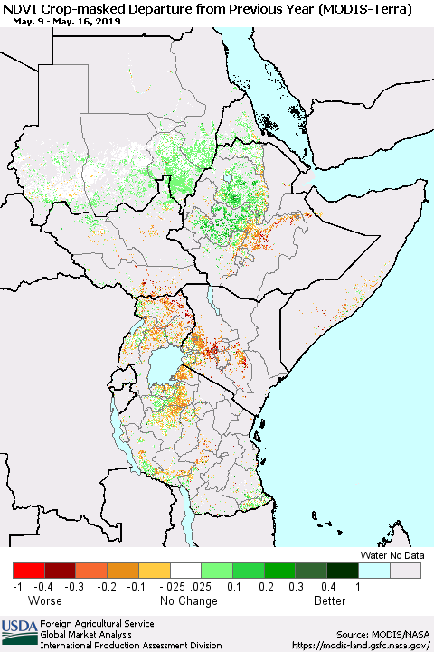 Eastern Africa Cropland NDVI Departure from Previous Year (Terra-MODIS) Thematic Map For 5/11/2019 - 5/20/2019