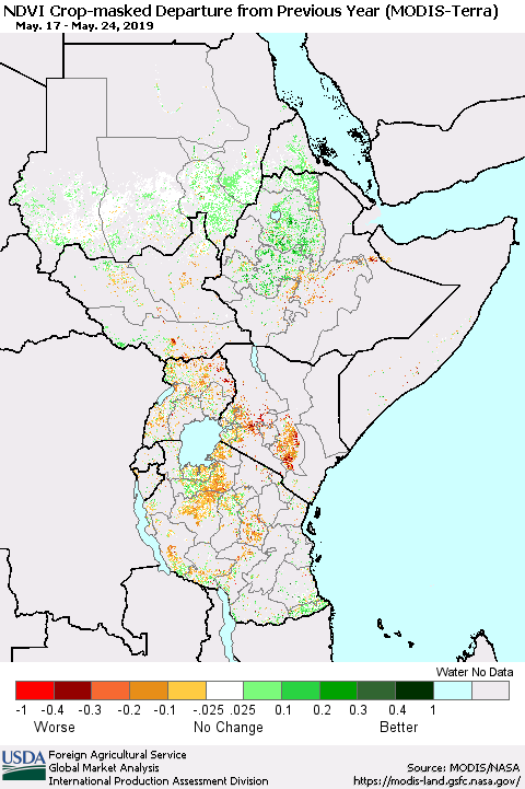 Eastern Africa Cropland NDVI Departure from Previous Year (Terra-MODIS) Thematic Map For 5/21/2019 - 5/31/2019