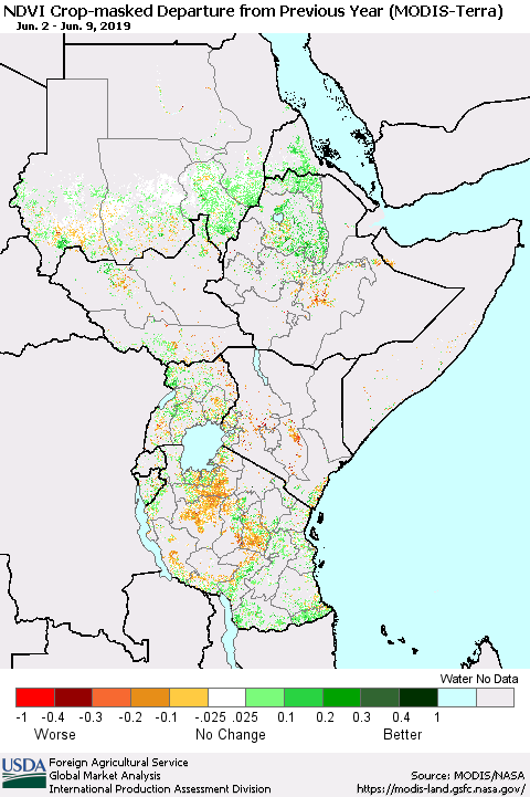 Eastern Africa Cropland NDVI Departure from Previous Year (Terra-MODIS) Thematic Map For 6/1/2019 - 6/10/2019