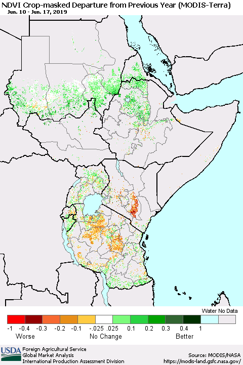 Eastern Africa Cropland NDVI Departure from Previous Year (Terra-MODIS) Thematic Map For 6/11/2019 - 6/20/2019