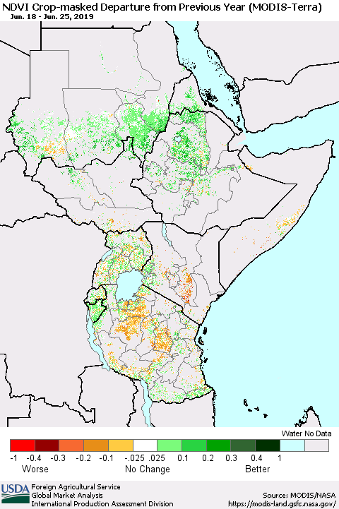 Eastern Africa Cropland NDVI Departure from Previous Year (Terra-MODIS) Thematic Map For 6/21/2019 - 6/30/2019