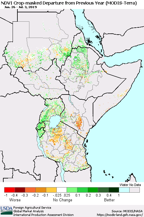 Eastern Africa Cropland NDVI Departure from Previous Year (Terra-MODIS) Thematic Map For 7/1/2019 - 7/10/2019