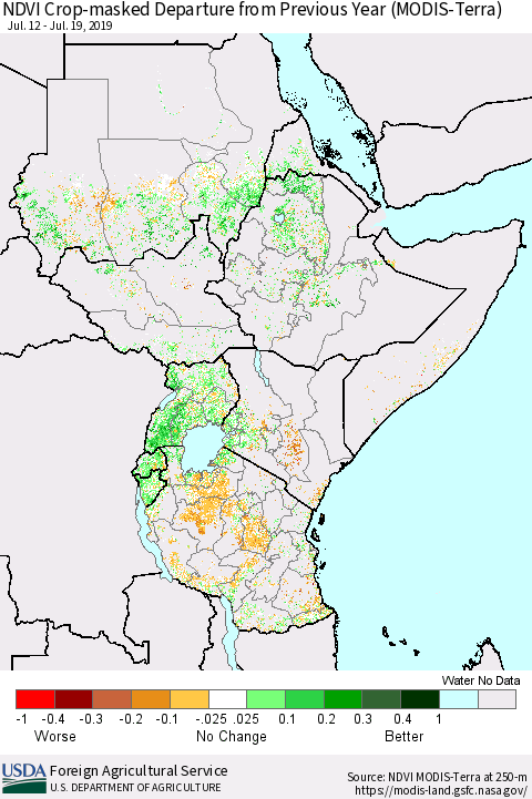 Eastern Africa Cropland NDVI Departure from Previous Year (Terra-MODIS) Thematic Map For 7/11/2019 - 7/20/2019