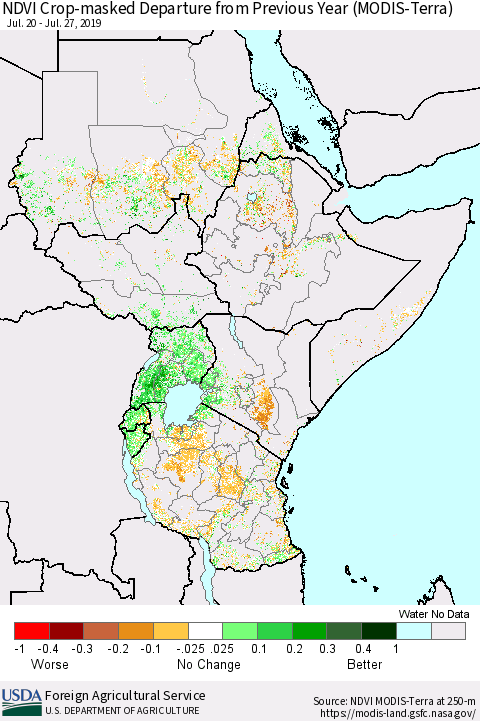Eastern Africa Cropland NDVI Departure from Previous Year (Terra-MODIS) Thematic Map For 7/21/2019 - 7/31/2019