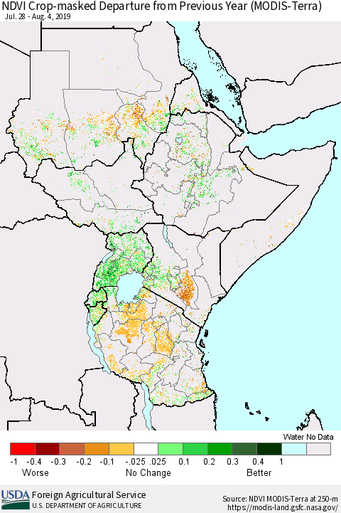 Eastern Africa Cropland NDVI Departure from Previous Year (Terra-MODIS) Thematic Map For 8/1/2019 - 8/10/2019