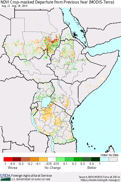 Eastern Africa Cropland NDVI Departure from Previous Year (Terra-MODIS) Thematic Map For 8/21/2019 - 8/31/2019