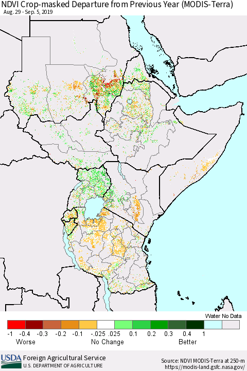 Eastern Africa Cropland NDVI Departure from Previous Year (Terra-MODIS) Thematic Map For 9/1/2019 - 9/10/2019