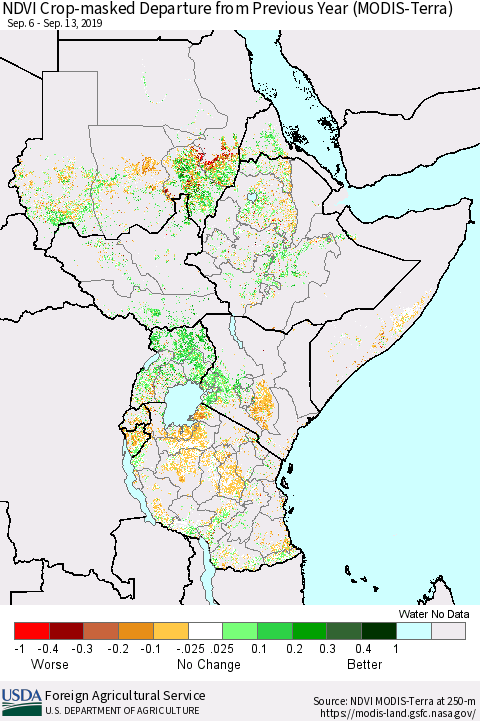 Eastern Africa Cropland NDVI Departure from Previous Year (Terra-MODIS) Thematic Map For 9/11/2019 - 9/20/2019