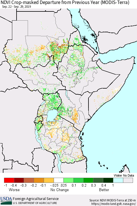 Eastern Africa Cropland NDVI Departure from Previous Year (Terra-MODIS) Thematic Map For 9/21/2019 - 9/30/2019