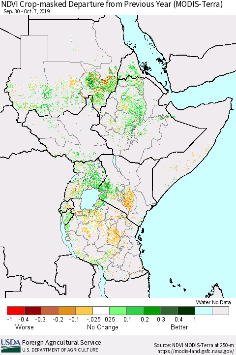 Eastern Africa Cropland NDVI Departure from Previous Year (Terra-MODIS) Thematic Map For 10/1/2019 - 10/10/2019