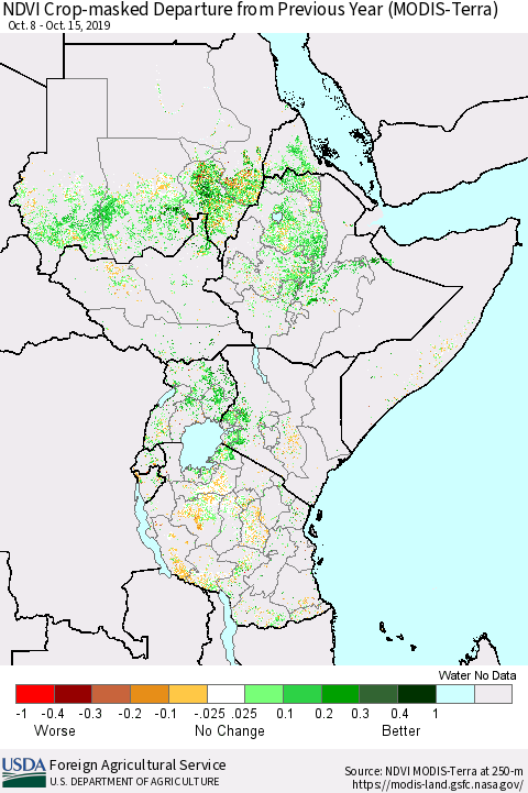 Eastern Africa Cropland NDVI Departure from Previous Year (Terra-MODIS) Thematic Map For 10/11/2019 - 10/20/2019