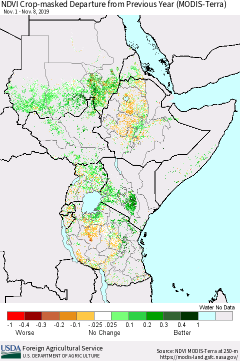 Eastern Africa Cropland NDVI Departure from Previous Year (Terra-MODIS) Thematic Map For 11/1/2019 - 11/10/2019