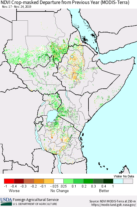 Eastern Africa Cropland NDVI Departure from Previous Year (Terra-MODIS) Thematic Map For 11/21/2019 - 11/30/2019