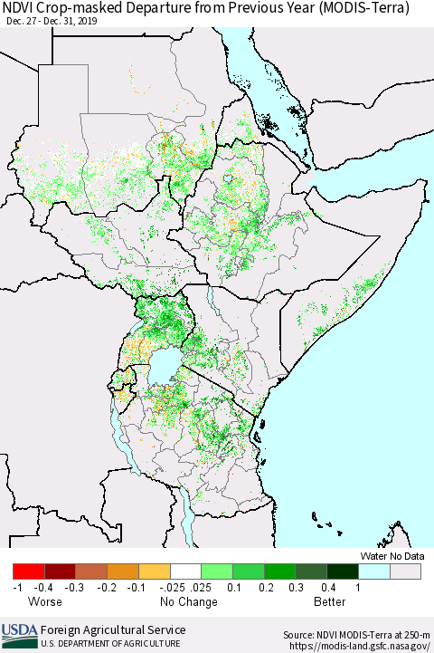 Eastern Africa Cropland NDVI Departure from Previous Year (Terra-MODIS) Thematic Map For 12/21/2019 - 12/31/2019