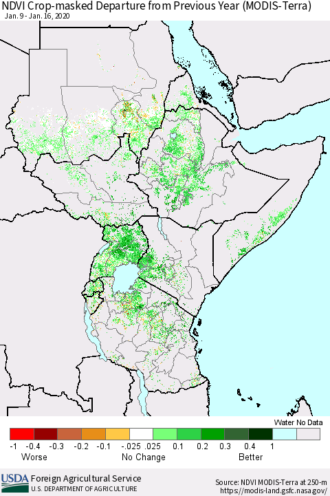 Eastern Africa Cropland NDVI Departure from Previous Year (Terra-MODIS) Thematic Map For 1/11/2020 - 1/20/2020