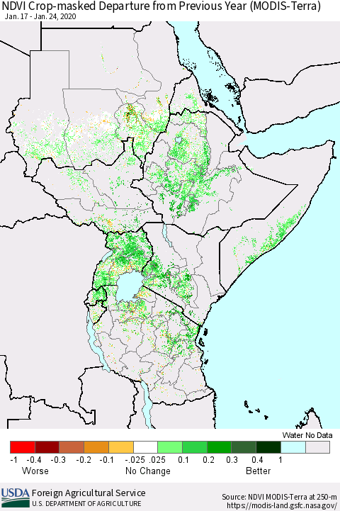 Eastern Africa Cropland NDVI Departure from Previous Year (Terra-MODIS) Thematic Map For 1/21/2020 - 1/31/2020