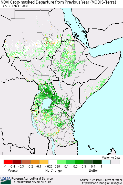 Eastern Africa Cropland NDVI Departure from Previous Year (Terra-MODIS) Thematic Map For 2/11/2020 - 2/20/2020