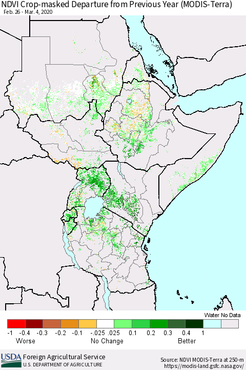 Eastern Africa Cropland NDVI Departure from Previous Year (Terra-MODIS) Thematic Map For 3/1/2020 - 3/10/2020