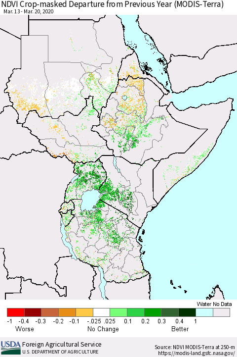 Eastern Africa Cropland NDVI Departure from Previous Year (Terra-MODIS) Thematic Map For 3/11/2020 - 3/20/2020