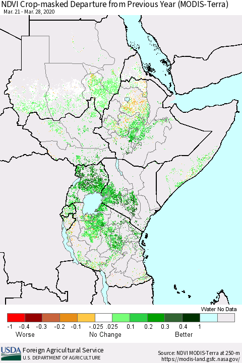 Eastern Africa Cropland NDVI Departure from Previous Year (Terra-MODIS) Thematic Map For 3/21/2020 - 3/31/2020