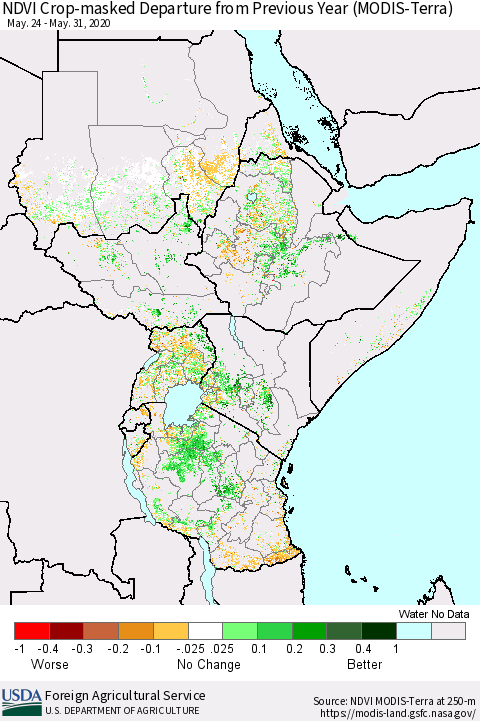 Eastern Africa Cropland NDVI Departure from Previous Year (Terra-MODIS) Thematic Map For 5/21/2020 - 5/31/2020