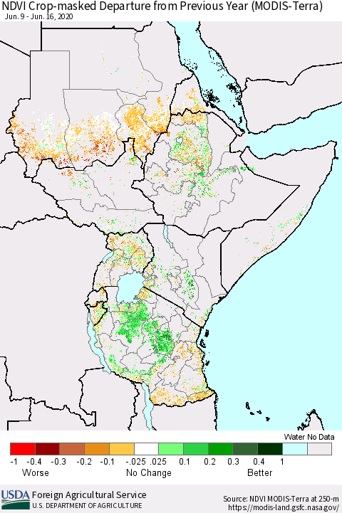 Eastern Africa Cropland NDVI Departure from Previous Year (Terra-MODIS) Thematic Map For 6/11/2020 - 6/20/2020