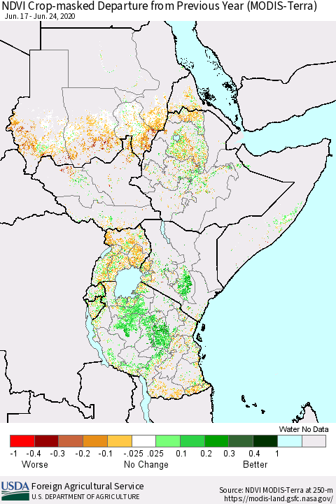 Eastern Africa Cropland NDVI Departure from Previous Year (Terra-MODIS) Thematic Map For 6/21/2020 - 6/30/2020