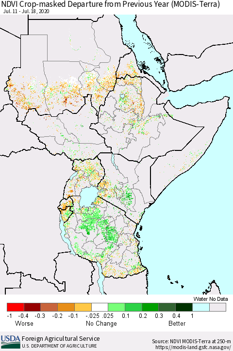 Eastern Africa Cropland NDVI Departure from Previous Year (Terra-MODIS) Thematic Map For 7/11/2020 - 7/20/2020