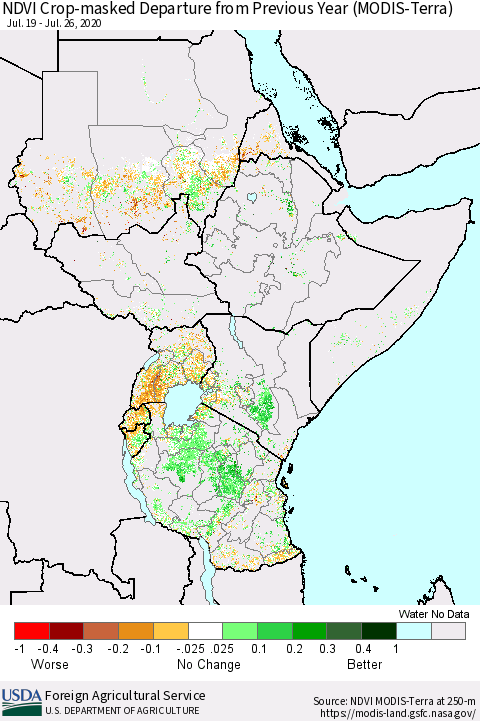 Eastern Africa Cropland NDVI Departure from Previous Year (Terra-MODIS) Thematic Map For 7/21/2020 - 7/31/2020