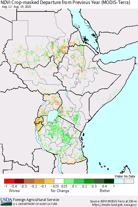 Eastern Africa Cropland NDVI Departure from Previous Year (Terra-MODIS) Thematic Map For 8/11/2020 - 8/20/2020
