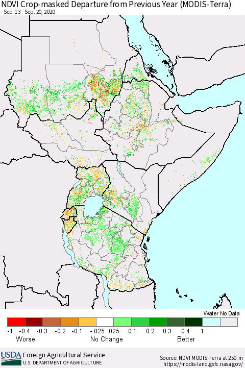 Eastern Africa Cropland NDVI Departure from Previous Year (Terra-MODIS) Thematic Map For 9/11/2020 - 9/20/2020