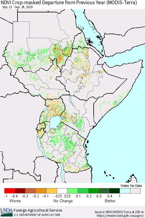 Eastern Africa Cropland NDVI Departure from Previous Year (Terra-MODIS) Thematic Map For 9/21/2020 - 9/30/2020